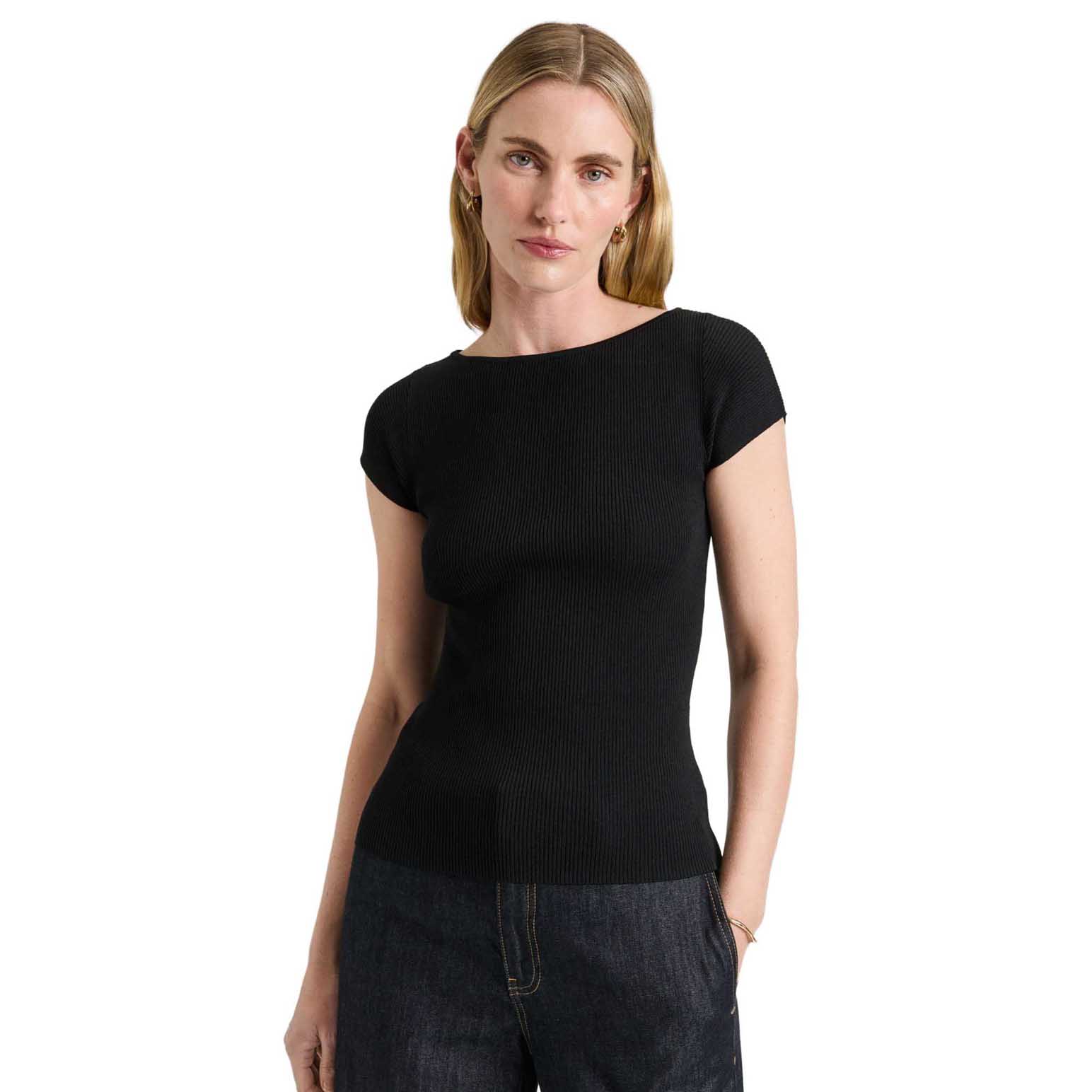 Veronika Maine Ribbed Cap Sleeve Boat Neck Knit